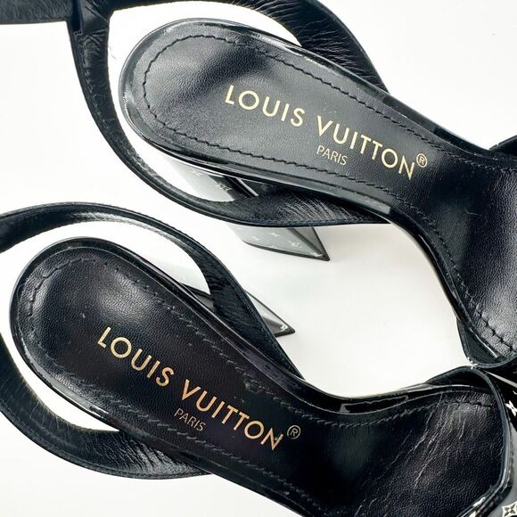 LOUIS VUITTON Shake Black LV Turnlock Block Heel Sandal Size 37.5 Printed Patent - Picture 8 of 12